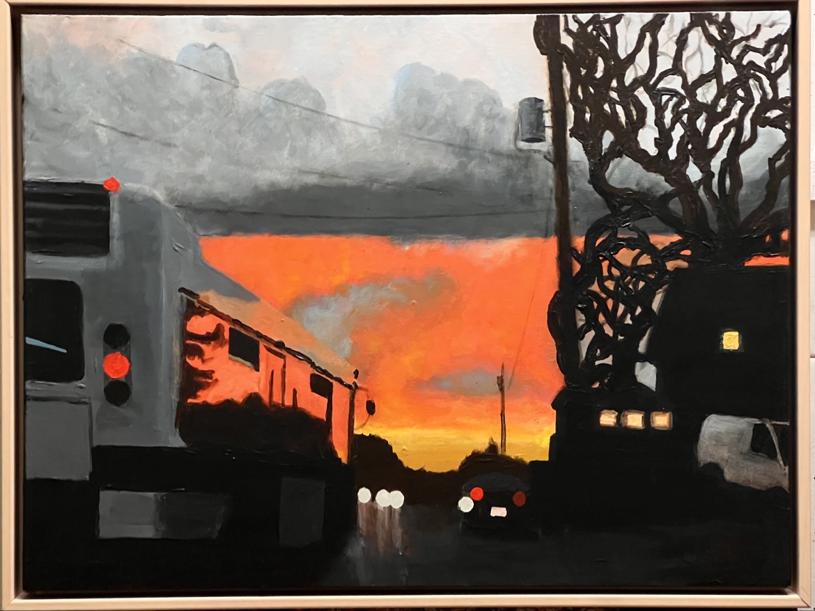 Over My Head by Jonathan Gleed, a city street at sunset with a bus, bare trees, traffic and a blazing orange sky